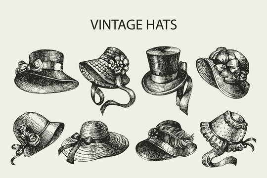 Hand drawn elegant vintage ladies set. Sketch women hats. Retro fashion vector illustration