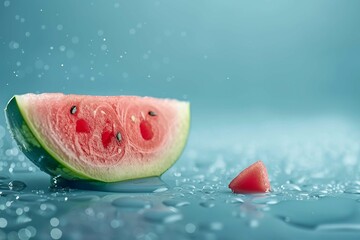 Slides fresh of watermelon on light blue background with water drops, summer panorama. Generative...