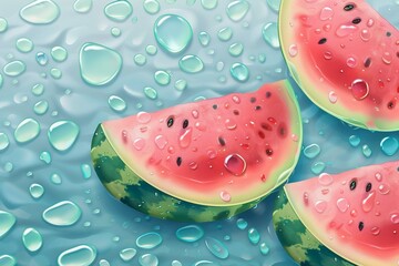 Slides fresh of watermelon on light blue background with water drops, summer panorama. Generative...