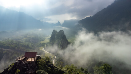 Fototapeta premium Top view of Beautiful landscape at pha Namxay Mountains Vang Vieng, Laos.