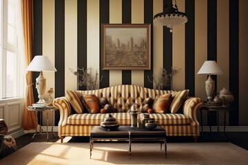 Modern classic interior featuring striped wallpaper, sofa, frames. Generative AI - obrazy, fototapety, plakaty