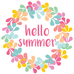 Hello summer pink watercolor wreath vector card isolated on white background  