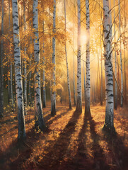 A birch forest bathed in the warm hues of golden hour. High quality