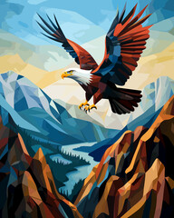 American bald eagle among rocks and wildlife in vector pop art cubism style.