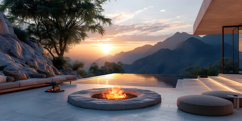a fire pit with a mountain view