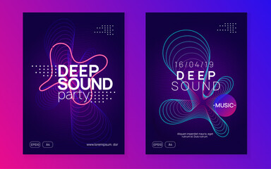 Dance flyer. Bright discotheque cover set. Dynamic fluid shape and line. Neon dance flyer. Electro trance music. Techno dj party. Electronic sound event. Club fest poster.