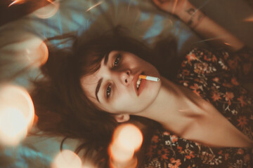 Young woman smoking cigarette in bed at night. Concept of bad habit.
