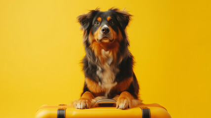 beautiful dog sitting on a yellow travel suitcase isolated on a studio yellow background.