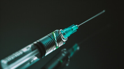 Syringe with a vaccine on a black background close-up.