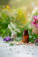 Fototapeta na wymiar blank bottle of capsules pills with different herbs. homeopathy, dietary supplements