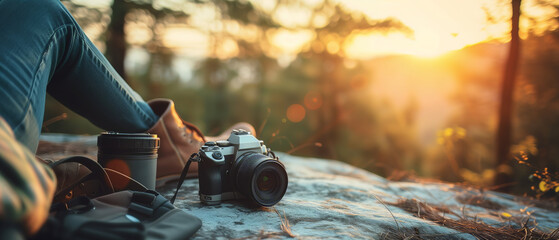 Embrace the Golden Hour: A Photographer's Peaceful Retreat in Nature with Camera and Coffee - obrazy, fototapety, plakaty