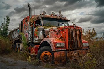 old abandoned red truck in a landfill