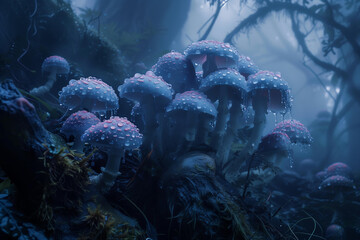 purple and blue hallucinogenic or fantasy mushrooms with drops - obrazy, fototapety, plakaty