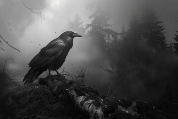 black and white photo, a raven or crow sitting on a branch against a background of fog