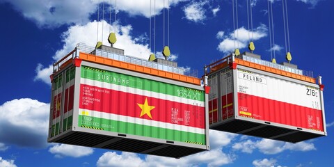 Fototapeta premium Shipping containers with flags of Suriname and Poland - 3D illustration