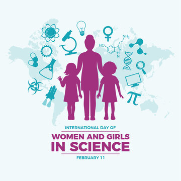 International Day of Women and Girls in Science poster vector illustration. Female scientist icon set. Woman and children girls purple silhouette vector. Template for background, banner, card