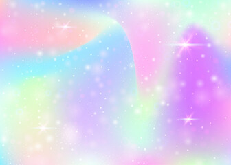 Obraz premium Fairy background with rainbow mesh. Cute universe banner in princess colors. Fantasy gradient backdrop with hologram. Holographic fairy background with magic sparkles, stars and blurs.