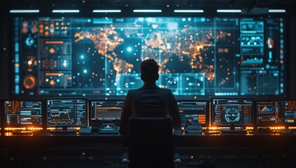 Analyst studying data patterns on multiple screens