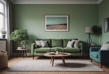 Fototapeta na wymiar The living room has soft green walls, a comfy green sofa, and modern Scandinavian furniture
