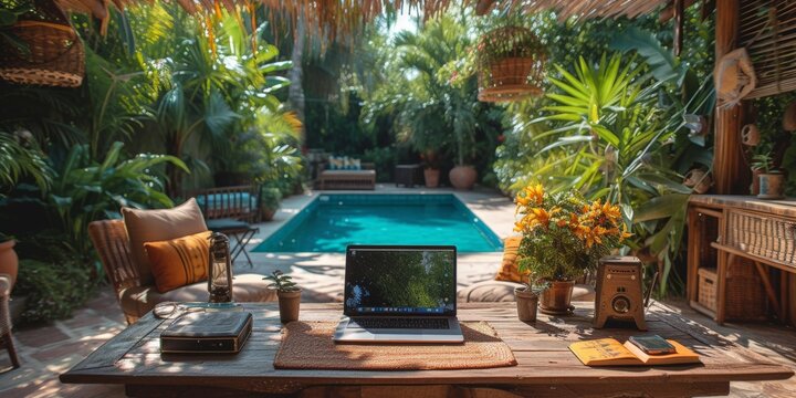 Remote work setup by poolside, tropical home office