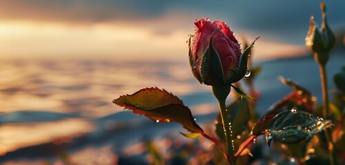 A close-up of a dewy rosebud, its petals unfurling against the backdrop of the vast, serene sea and sky. - obrazy, fototapety, plakaty