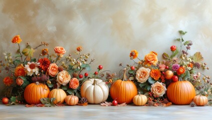 Naklejka na ściany i meble Thanksgiving pumpkins and flowers, festive decoration