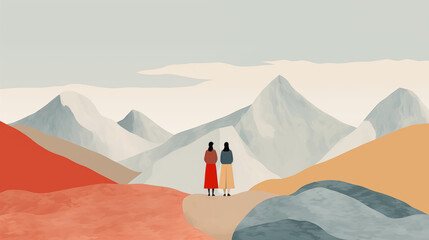 Minimalistic Illustration of Two Women Looking at the Mountains