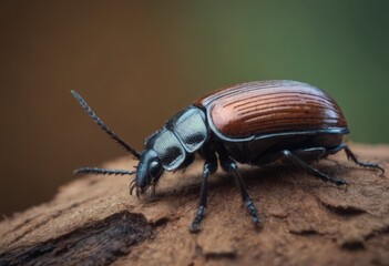 Close-up of a shiny blue beetle on a wooden surface in a forest with a blurred background