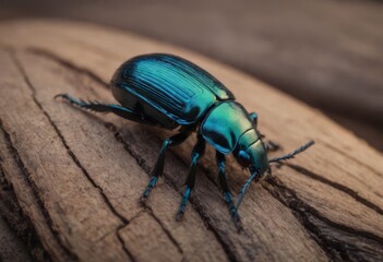 Close-up of a shiny blue beetle on a wooden surface in a forest with a blurred background