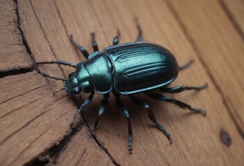 Close-up of a shiny blue beetle on a wooden surface in a forest with a blurred background