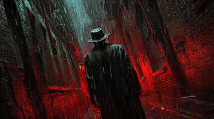 Noir Rain - Mysterious Figure in the City Shower Art © BigWhiteMocha