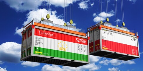 Shipping containers with flags of Tajikistan and Poland - 3D illustration