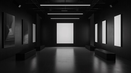 A sleek and futuristic gallery interior bathed in darkness with strategically placed illuminated panels creating a dramatic contrast. Blank frames mockup for design.