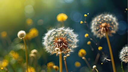 Abstract Blurred Nature Background, Abstract Nature's Bokeh Pattern, Dandelions and Parachute Seeds Blur, Abstract Background with Dandelions and Seeds, Blurred Background with Dandelion 