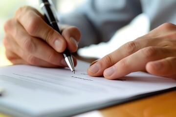 The close-up image captures the hand of a businessperson as they sign a document, a pivotal moment of finalizing a deal, agreement, or contract in a professional setting - obrazy, fototapety, plakaty