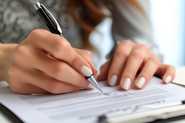 A close-up image capturing the precise moment as a professional with manicured hands signs a document, symbolizing commitment, agreement, and formal engagement in a business setting
