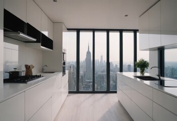 Modern kitchen with spacious island, sleek appliances, skyline view, elegant cabinets, light wood floors, breakfast bar