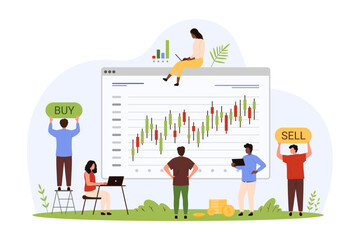 Stock market analytics for investment success, trading. Tiny people monitor candlestick chart report for trend analysis and trade, traders with buttons Sell and Buy cartoon vector illustration