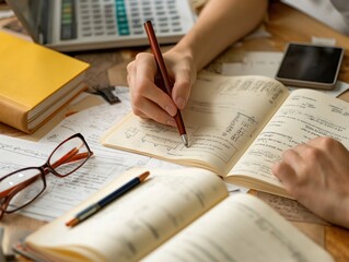 A student creating a budget plan for college expenses, with textbooks and tuition fees laid out on a desk for calculation