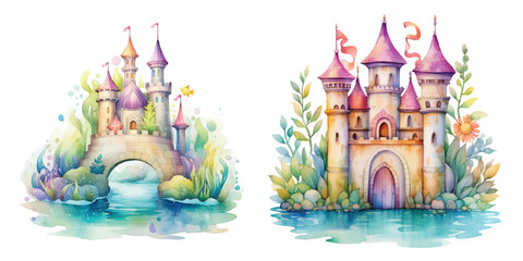 underwater castle watercolor vector illustration