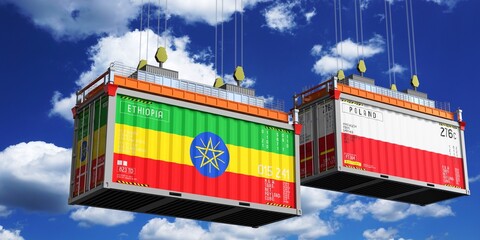 Shipping containers with flags of Ethiopia and Poland - 3D illustration