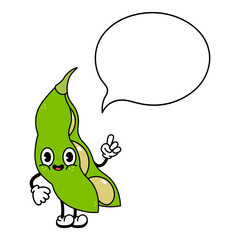 Beans with speech bubble character. Vector hand drawn traditional cartoon vintage, retro, kawaii character illustration icon. Isolated white background. Beans character