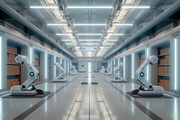 Fototapeta premium Automated Precision, Robotic Arms Align in Modern Logistics Facility