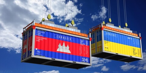 Shipping containers with flags of Cambodia and Ukraine - 3D illustration
