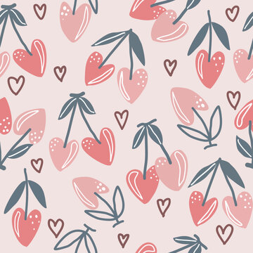Seamless pattern with heart shape cherry fruit with green leaves on pink background. Seamless valentines pattern with heart use for wallpaper textile and print.