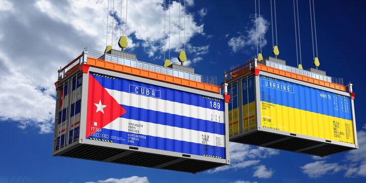 Shipping containers with flags of Cuba and Ukraine - 3D illustration