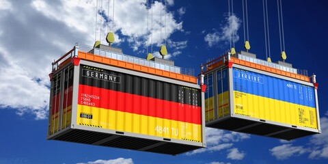 Shipping containers with flags of Germany and Ukraine - 3D illustration