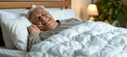 Serenely sleeping senior on cozy white bed with soft blanket, allowing for text placement
