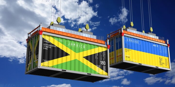 Shipping containers with flags of Jamaica and Ukraine - 3D illustration