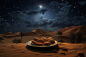 Dates in a plate in a desert dune. Starry sky with a half moon sky lit with generative ai